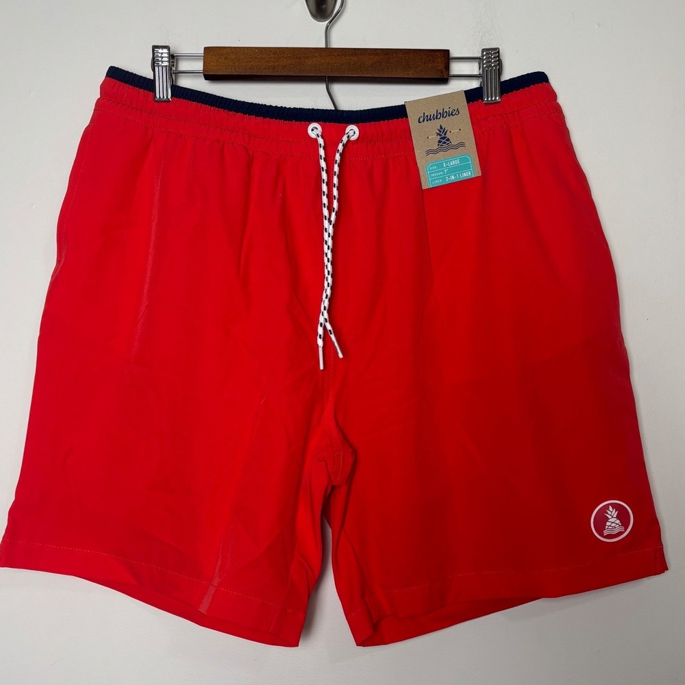 Chubbies Mens Swim Trunks XL Red The Fired Ups 7 Inch Inseam 2-in-1 Liner
